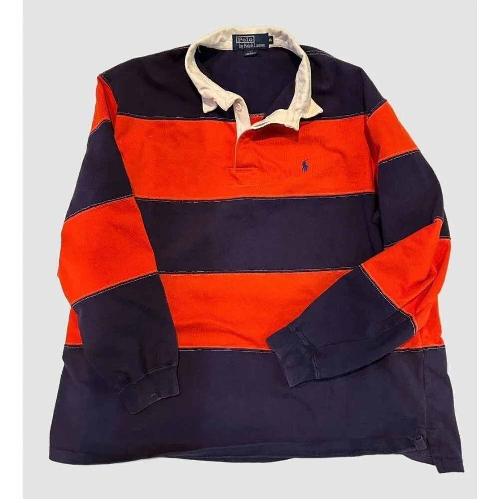 Vintage 1994 Polo Ralph Lauren Rugby Shirt Mens XL Orange Navy Stripe